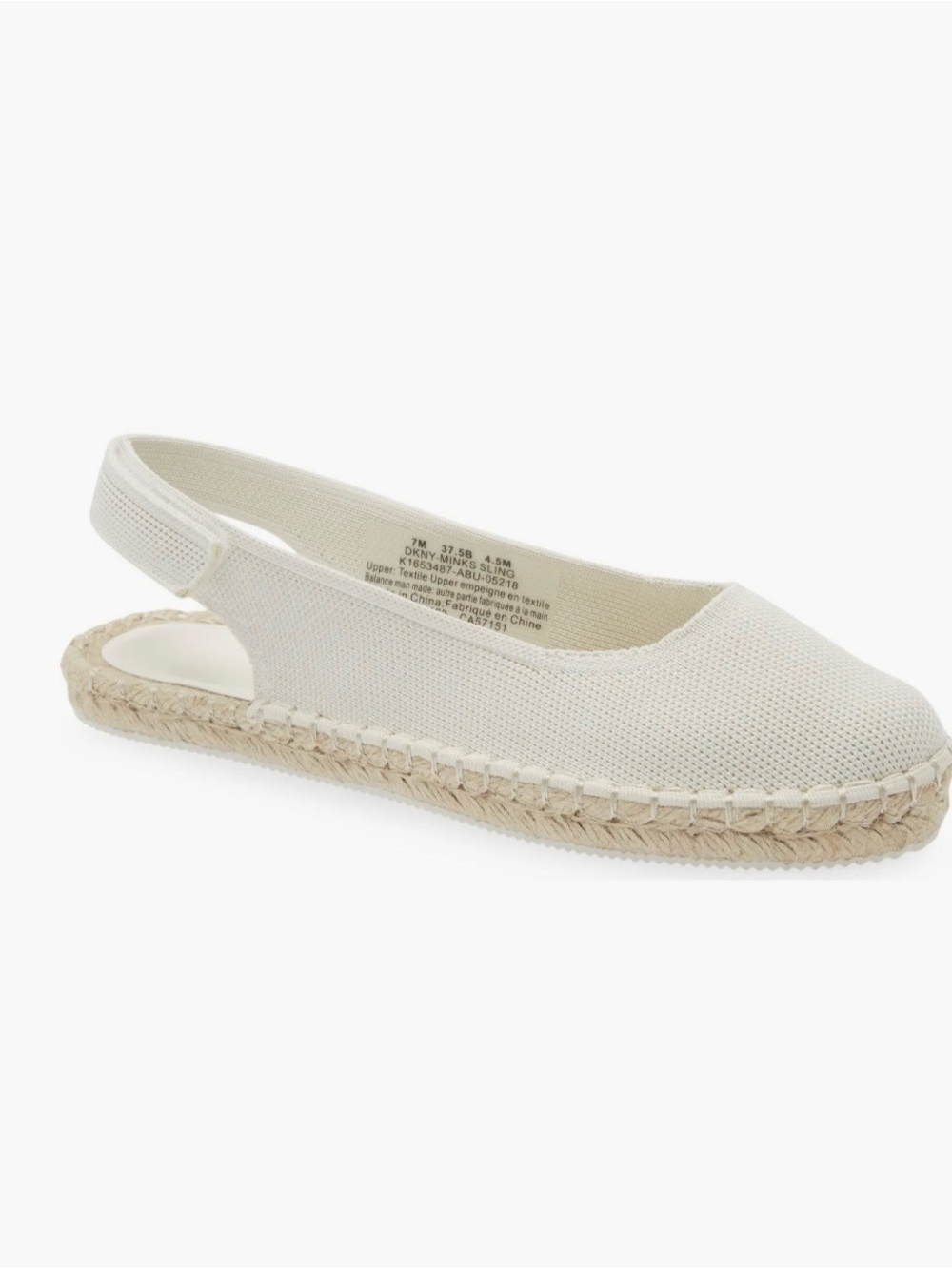 DKNY Minks Slingback Espadrille Flats Soft White Textile Women Size 6.5 New
